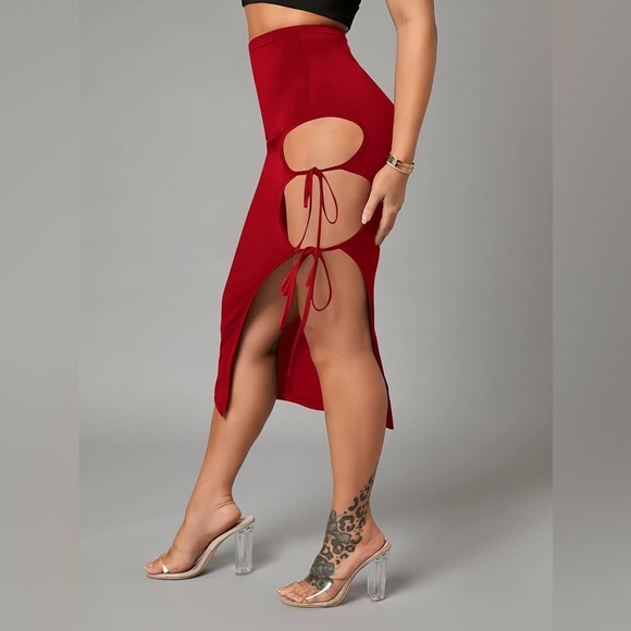 NEW SHEIN SXY Solid Tie Side Pencil Skirt, Red  - Size M - Picture 3 of 10